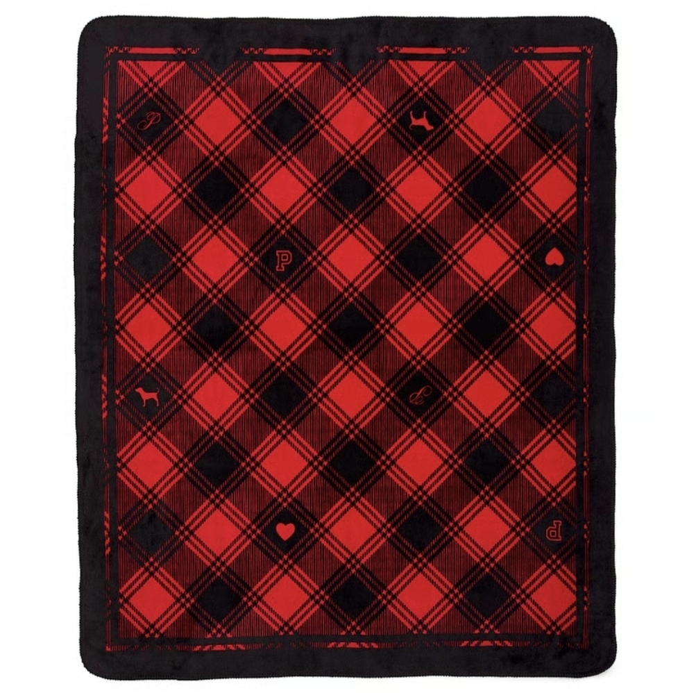 Blanket Victoria's Secret PINK Buffalo Plaid Sherpa Fleece Cozy Red and Black